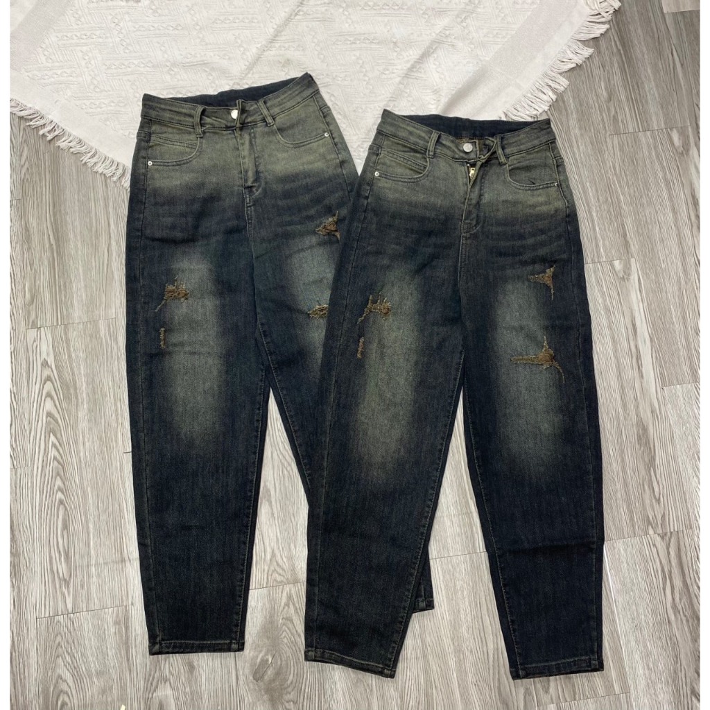 -1090 Quần Jean Nữ Baggy Rách Co Giãn 4 Chiều Cạp Cao Thoải Mái Màu Loang,quần bò nữ ống rộng lưng cao NEW