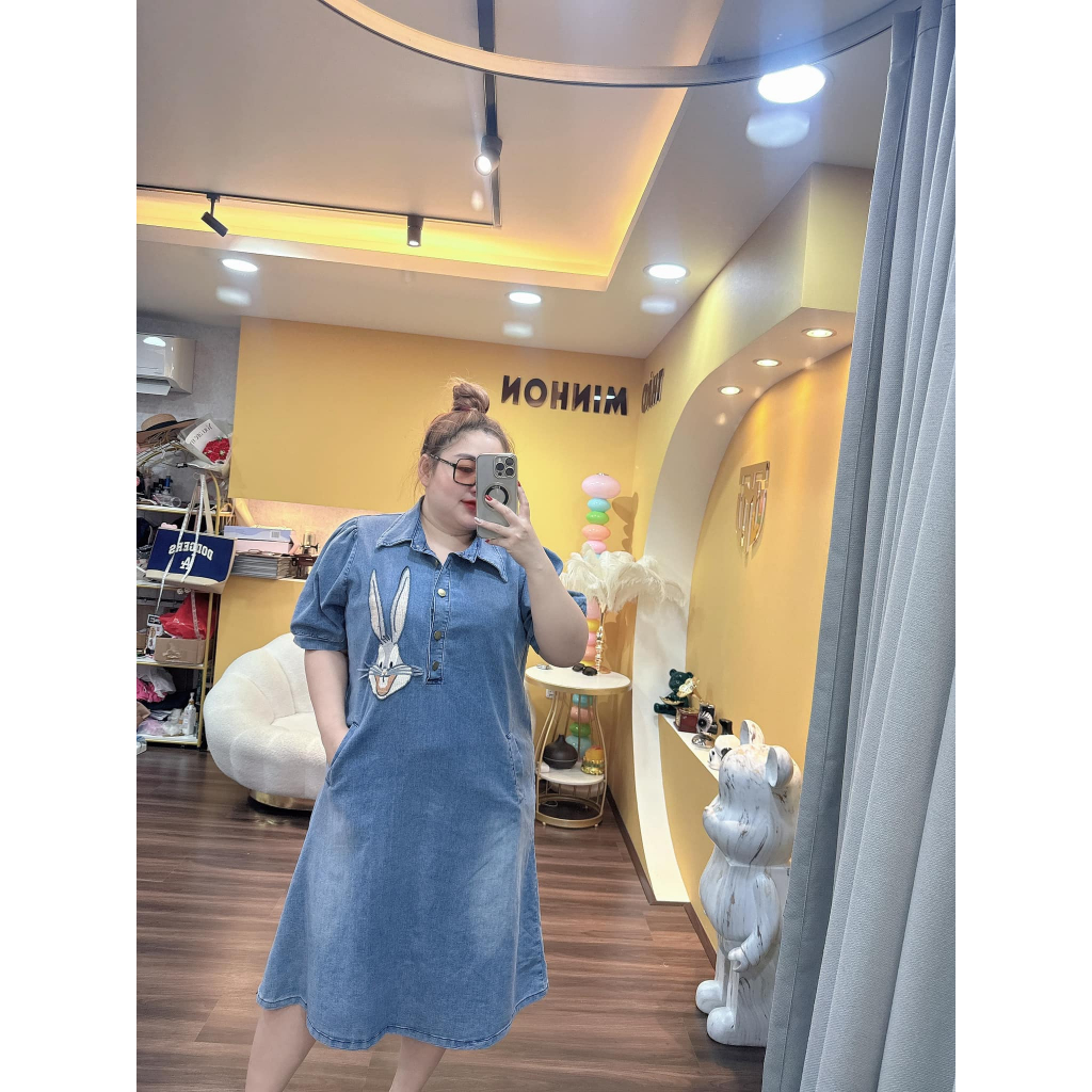 Đầm suông jean thỏ bigsize tay ngắn cổ sơ mi Thảo minhon 60-90kg
