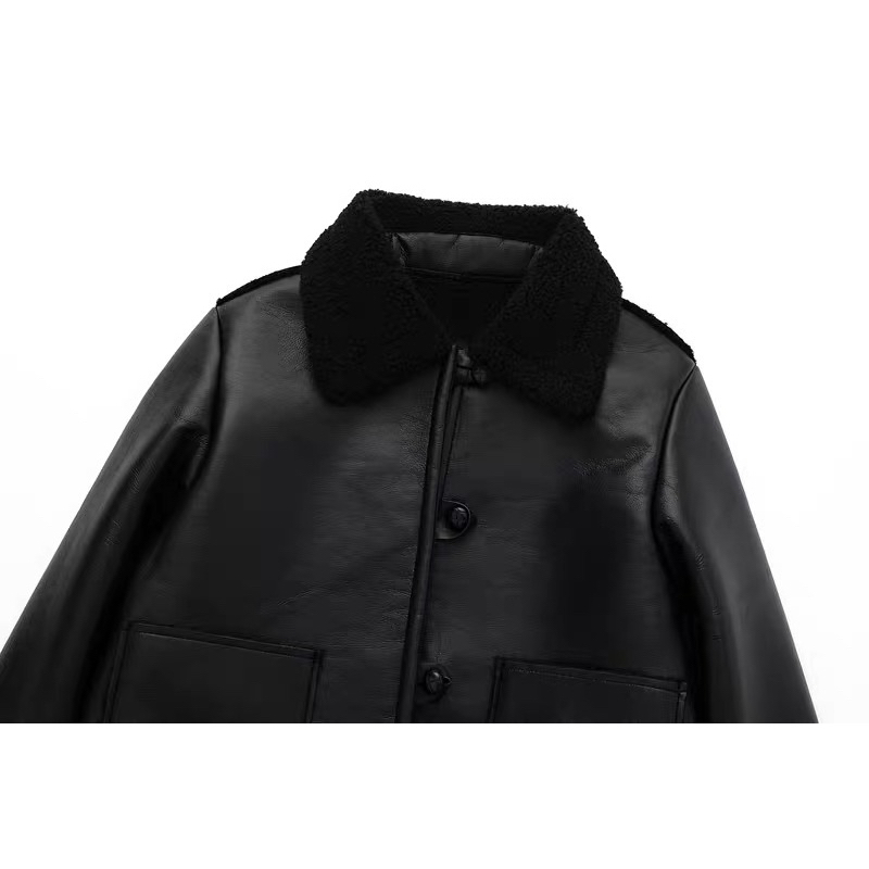 Áo da cổ lông dáng ngắn mẫu zara cuất dư sịn