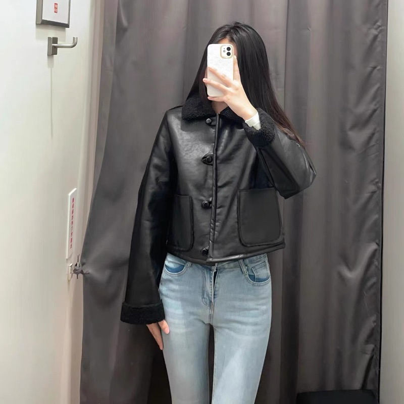 Áo da cổ lông dáng ngắn mẫu zara cuất dư sịn