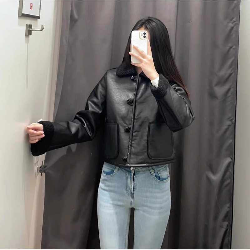 Áo da cổ lông dáng ngắn mẫu zara cuất dư sịn