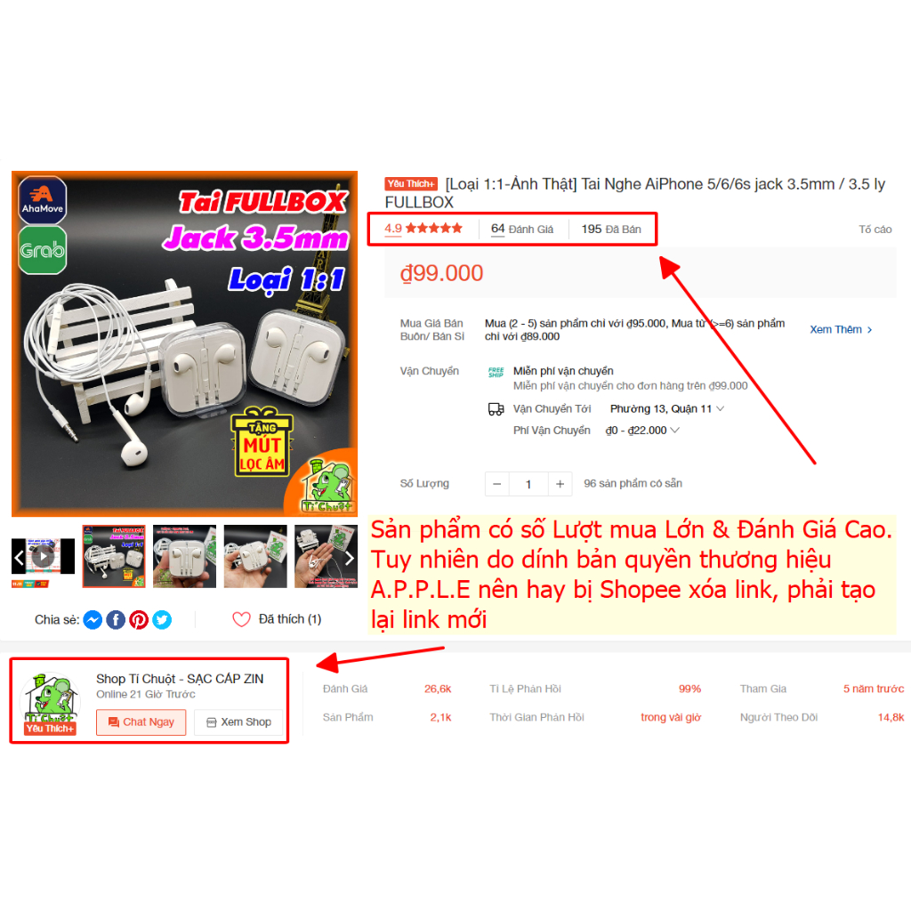 Tai Nghe Ai Ph0ne 5/6/6s Jack Tròn 3.5mm / 3.5 ly FULLBOX