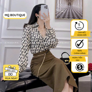 Áo sơ mi lụa dài tay cao cấp công sở họa tiết chữ DV dáng cơ bản tôn dáng, áo sơ mi thiết kế MQ Boutique
