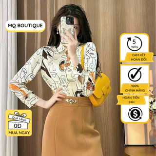 Áo sơ mi lụa họa tiết thiết kế dài tay cao cấp công sở họa tiết hình vẽ be dáng cơ bản, áo sơ mi thiết kế MQ Boutique