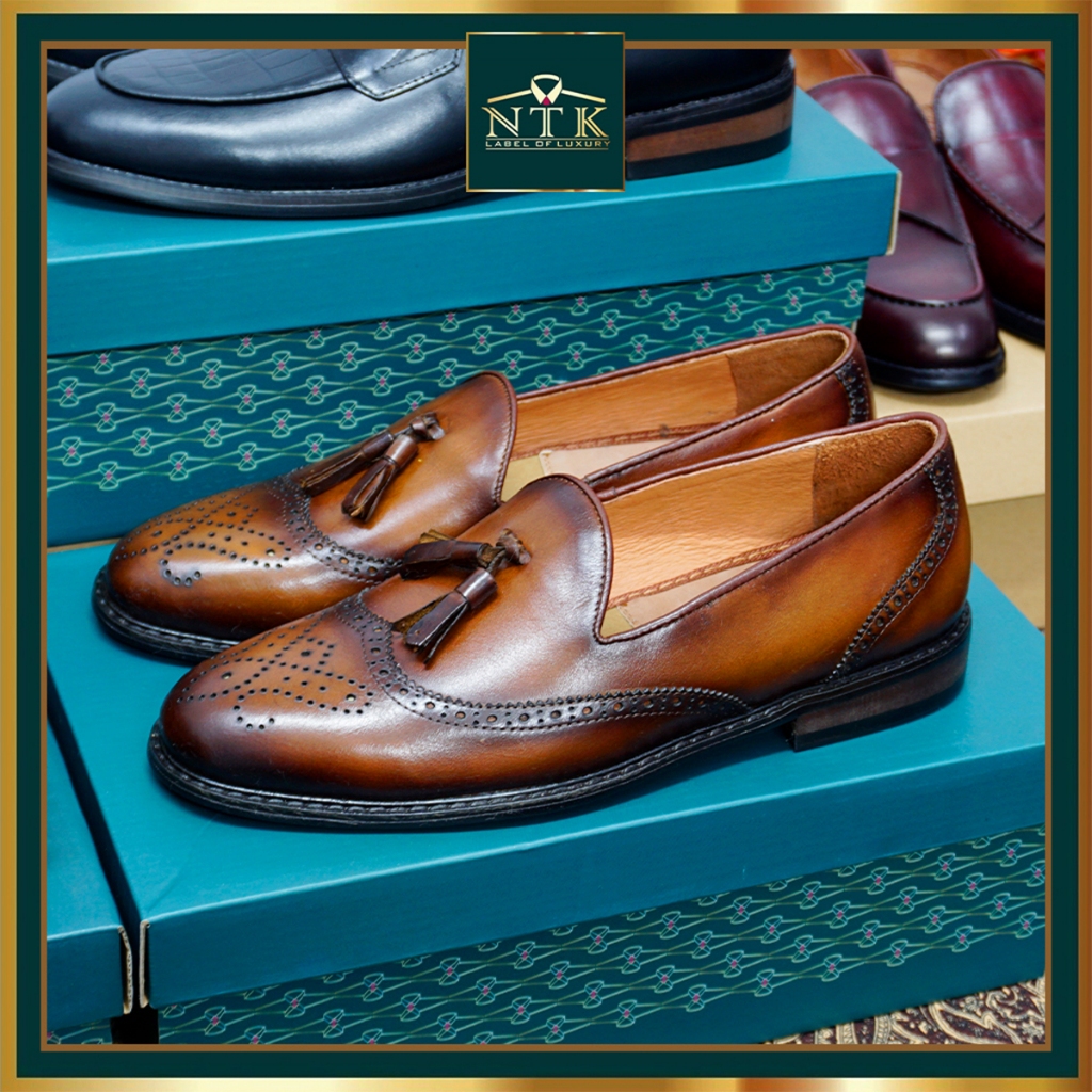 Giày da nam ĐẾ GỖ PHÍP cao cấp, hoạ tiết chuông màu NÂU, giày lười nam phối đồ LFP_07, bh 2 năm