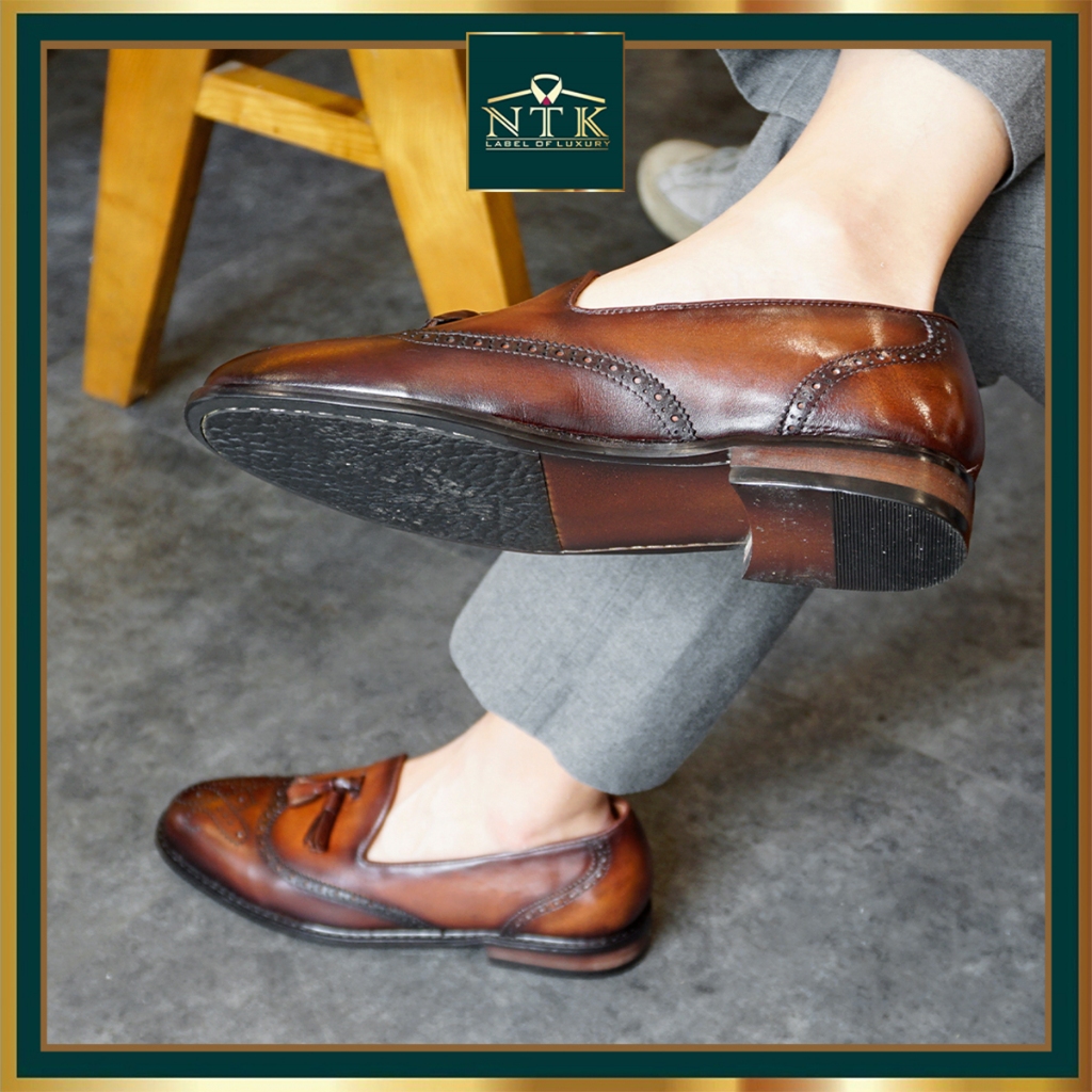 Giày da nam ĐẾ GỖ PHÍP cao cấp, hoạ tiết chuông màu NÂU, giày lười nam phối đồ LFP_07, bh 2 năm