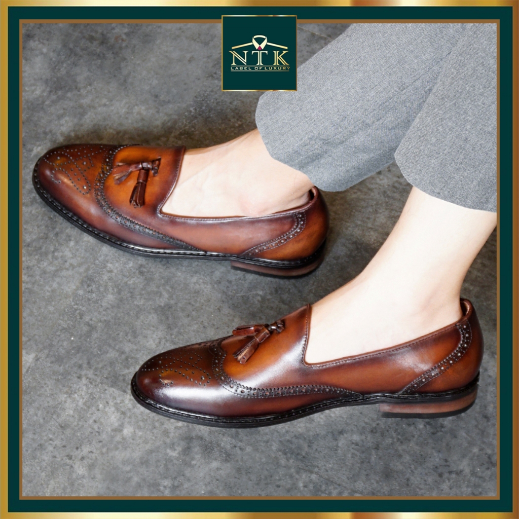 Giày da nam ĐẾ GỖ PHÍP cao cấp, hoạ tiết chuông màu NÂU, giày lười nam phối đồ LFP_07, bh 2 năm