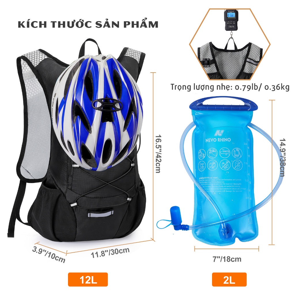 Ba lô thể thao siêu nhẹ, có ngăn chứa túi nước kèm vòi hút - NEVO RHINO XBIKE