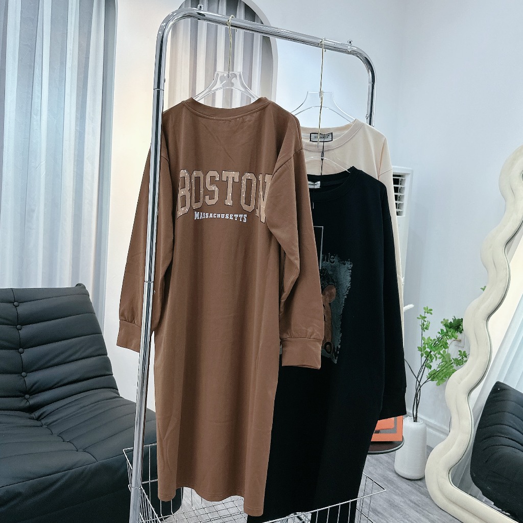 Váy Suông Nữ Dài Tay In Hình Gấu POOH Maison Đầm Nữ Dáng Dài Cổ Tròn Freesize S1052