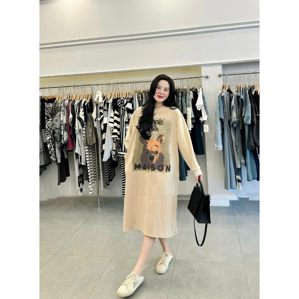 Váy Suông Nữ Dài Tay In Hình Gấu POOH Maison Đầm Nữ Dáng Dài Cổ Tròn Freesize S1052