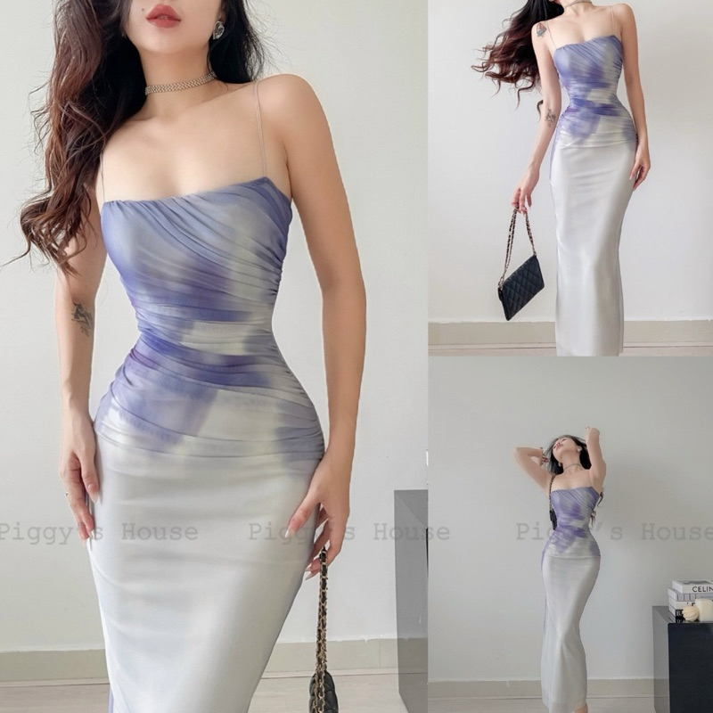Đầm Body Dài Màu Loang PIGGYHOUSE Thun Mesh Ôm Body Sexy