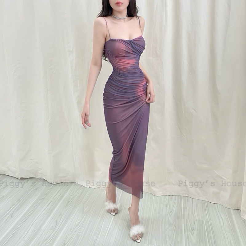 Đầm Body Dài Màu Loang PIGGYHOUSE Thun Mesh Ôm Body Sexy