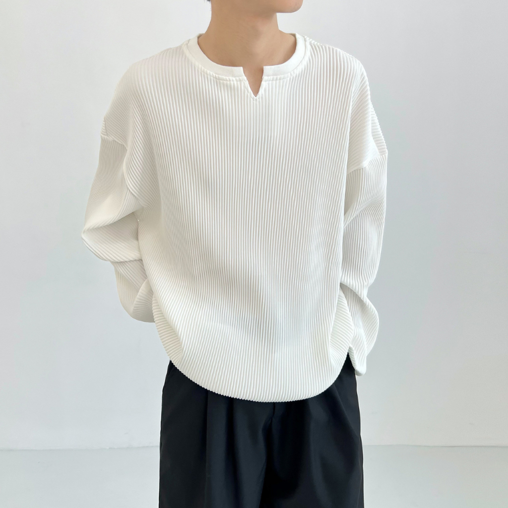 Áo thun nam tay dài cổ chữ V form rộng cho nam áo thu đông basic Trơn Thông thường