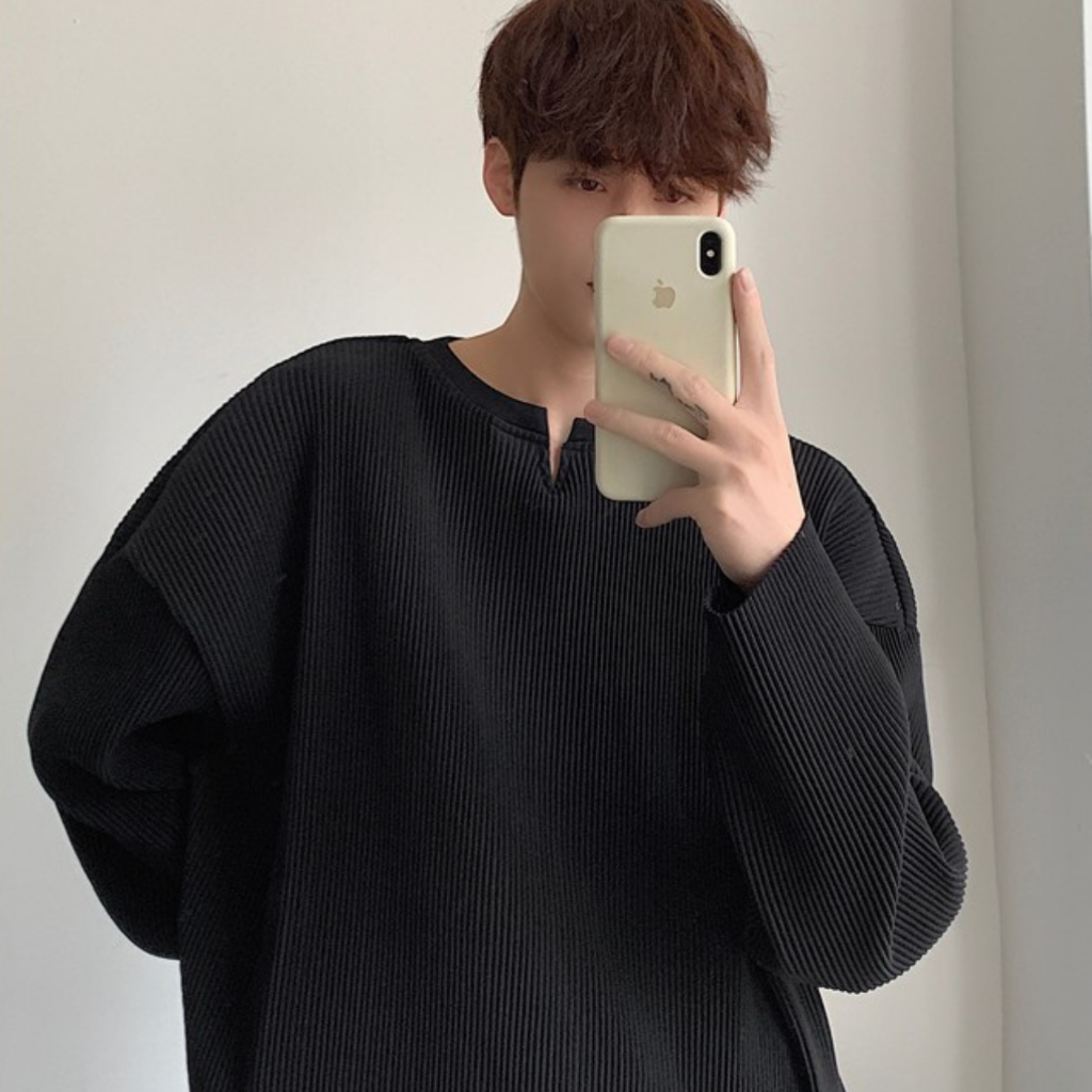 Áo thun nam tay dài cổ chữ V form rộng cho nam áo thu đông basic Trơn Thông thường