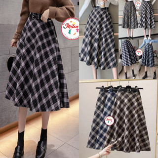  Chân váy dạ kẻ kèm đai dáng dài xoè A 