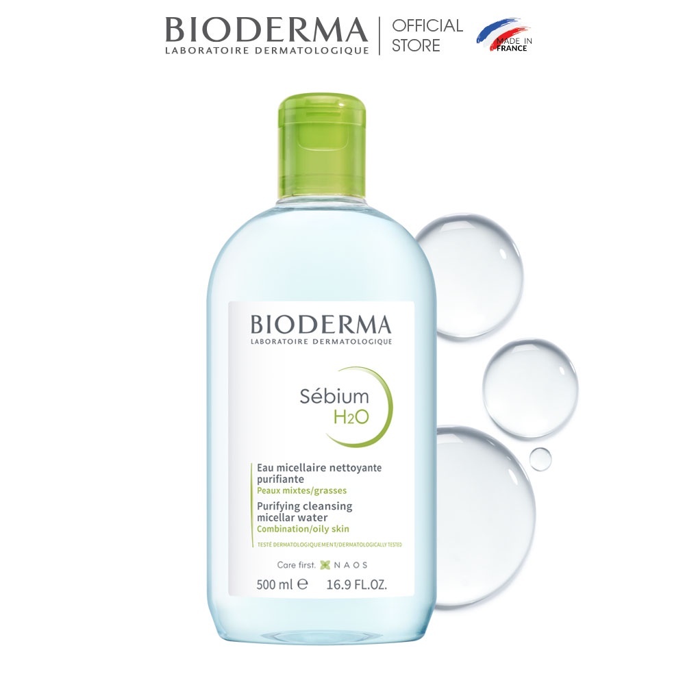 Nước tẩy trang Bioderma xanh Sébium H20 100ml - 250ml - 500ml, dung dịch làm sạch dành cho da hỗn hợp, da dầu và da mụn