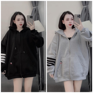   Áo khoác nỉ form rộng mũ hai lớp - Khoác bốn sọc tay