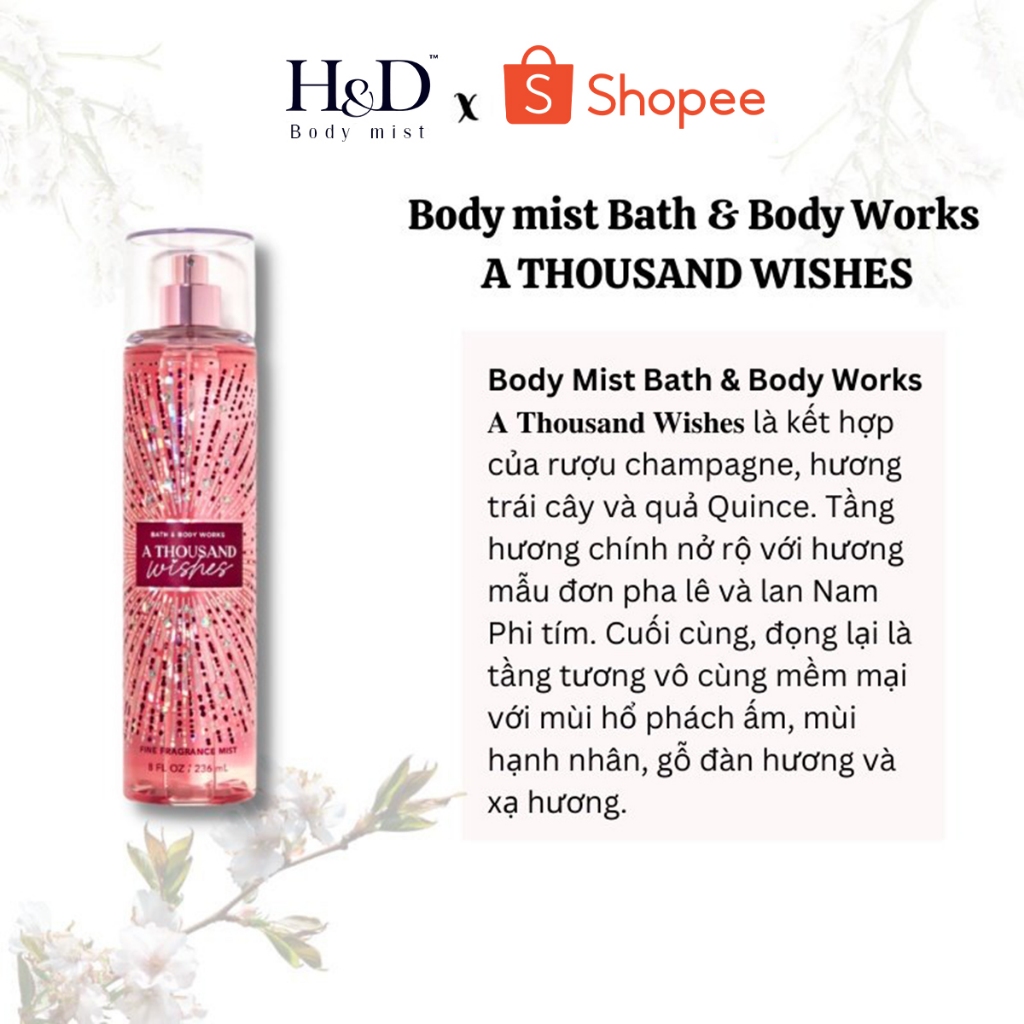 Body Mist chiết Bath & Body Works A THOUS& WISHES xịt thơm toàn thân HD Body mist ngọt ngào 10ML/30ML/75ML