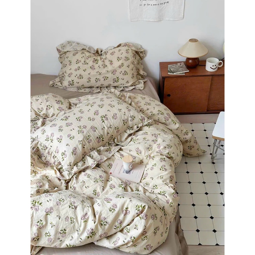 Cotton Tici Viền Bèo,ga Trải Giường Vỏ Gối Tici Nhiều Màu Sắc - Full Set 4 Món , Vỏ Gối Nằm Không Khóa Kéo