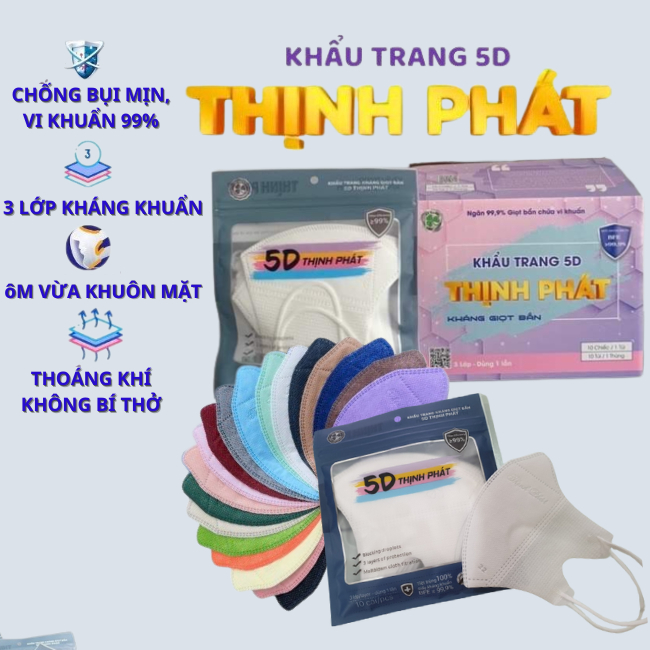 Khẩu Trang 5D Khẩu Trang Thịnh Phát chính hãng (hộp 100 chiếc) 3 lớp kháng khuẩn, ngăn giọt bắn, khói, bụi, tia UV…