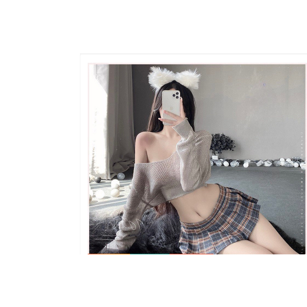 Đồ ngủ sexy - Set áo len + chân váy kẻ ngắn gợi cảm