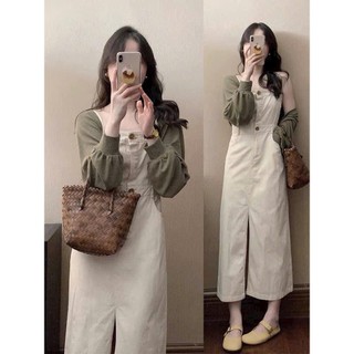 [Hoàn tiền 25%] Sét đầm  nữ 2 món kèm khoác, đầm kaki nữ dáng suông đính nút sẻ tà phối áo khoác thun gân