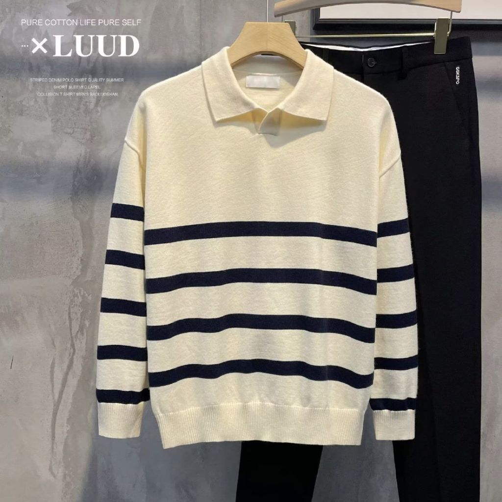 Áo Len Nam Lông Cừu Cổ Bẻ Dài Tay, Áo Len Cổ Polo phối kẻ ngang phong cách nhẹ nhàng