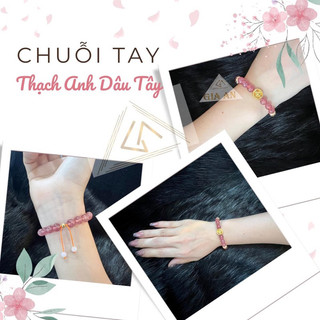 Vòng tay đá phong thủy gia an - vòng tay đá thạch anh dâu hồng thiên nhiên kết hợp với charm bạc mạ vàng 18k