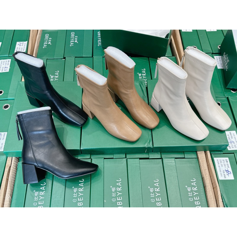 Giày Boot cổ ngắn đơn giản gót vuông 5p da mềm cao cấp