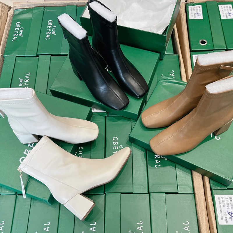 Giày Boot cổ ngắn đơn giản gót vuông 5p da mềm cao cấp