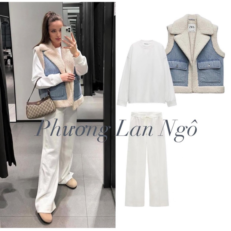 Áo khoác gile lót lông denim Zara xuất A261
