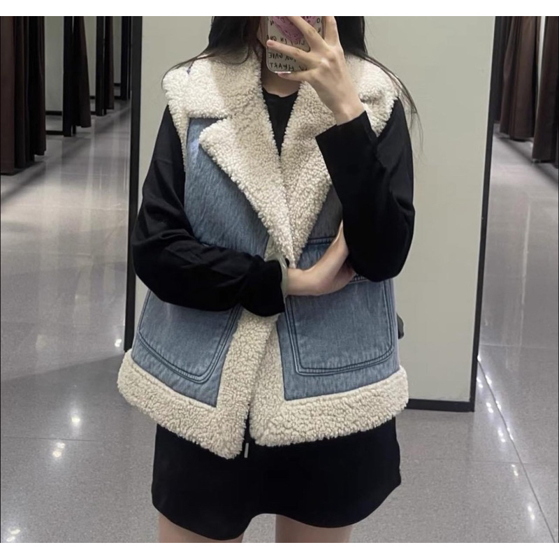 Áo khoác gile lót lông denim Zara xuất A261