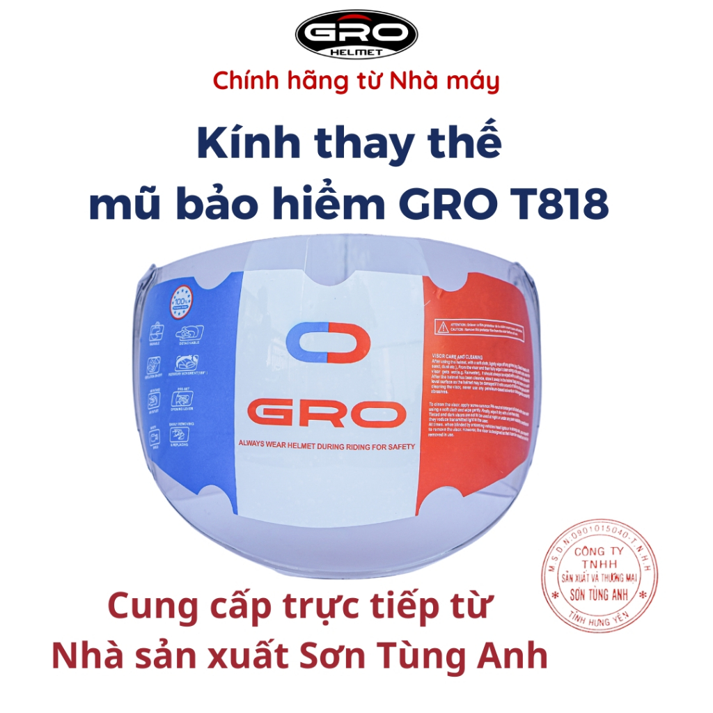 [Tặng bộ vít bắt kính] Kính thay dùng cho Mũ bảo hiểm GRO T818, kính dài, chống tia UV, chắn bụi, chắn gió