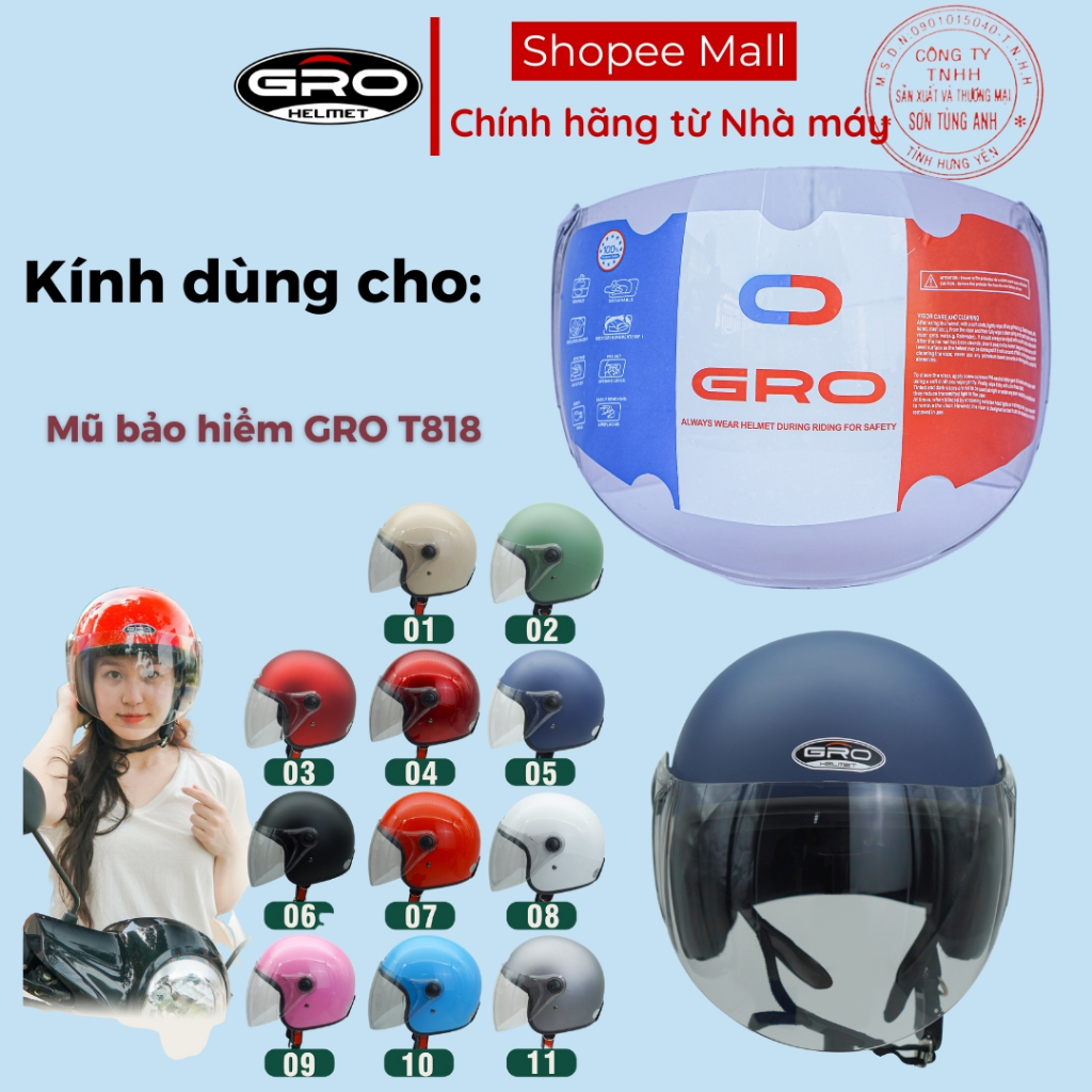 [Tặng bộ vít bắt kính] Kính thay dùng cho Mũ bảo hiểm GRO T818, kính dài, chống tia UV, chắn bụi, chắn gió