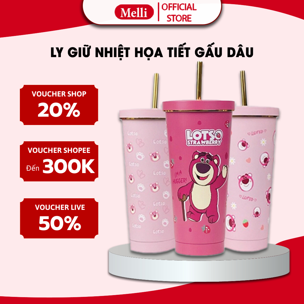 Ly Giữ Nhiệt Gấu Dâu Lotso Melli Hotrend 2023 Dễ Thương Dung Tích 750ml Chất Liệu Inox 304 Cao Cấp Giữ Nhiệt Từ 8-12 Giờ