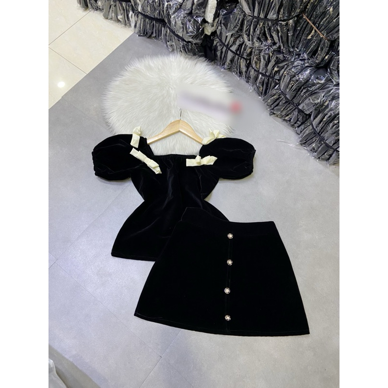 Sét Áo Trễ Vai Nơ Kèm Váy Nút Kiểu Hình Thật Shop Chụp Chất Thun Nhung Quảng Châu Loại 1 Thời Trang Nữ Hottrend