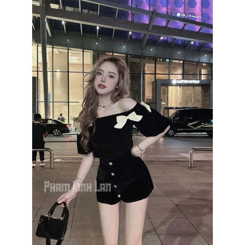 Sét Áo Trễ Vai Nơ Kèm Váy Nút Kiểu Hình Thật Shop Chụp Chất Thun Nhung Quảng Châu Loại 1 Thời Trang Nữ Hottrend
