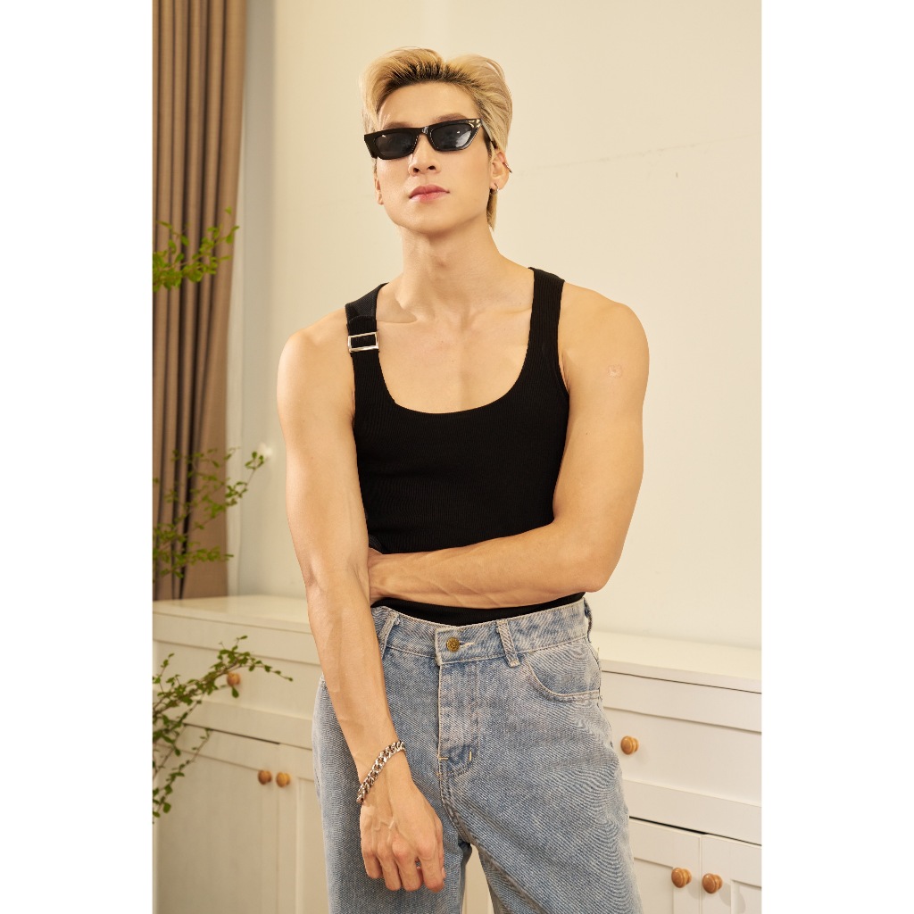 Áo Thun Nam TankTop Ba Lỗ Cổ Vuông Dây Khoen Một Bên Form Body Thun Gân Cao Cấp Thương Hiệu Mr Twins