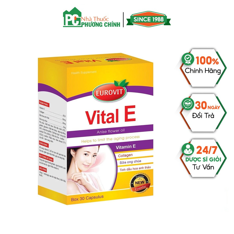 Vital E Eurovit - Hỗ Trợ Ngăn Ngừa Nếp Nhăn, Giúp Da Sáng Đẹp (Hộp 30 Viên)