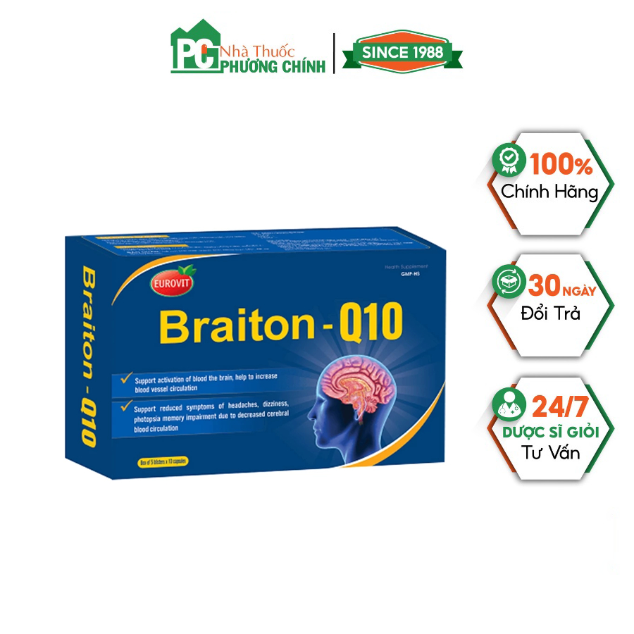 Braiton Q10 Eurovit - Hoạt Huyết, Tăng Tuần Hoàn Não, Tăng Nuôi Dưỡng Não (Hộp 50 Viên)