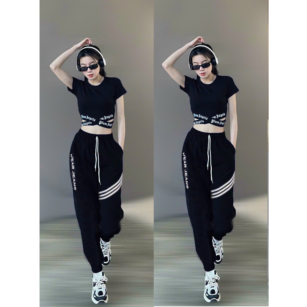 bộ thể thao nữ quần chất gió ,áo chất thun tập zumba.gym.yoga,aerobic đều xinh (QUẦN WEAR+ÁO CẠP CHỮ