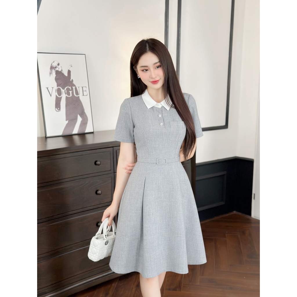 Váy cổ polo dáng chữ A xếp ly hộp đai eo màu ghi V46