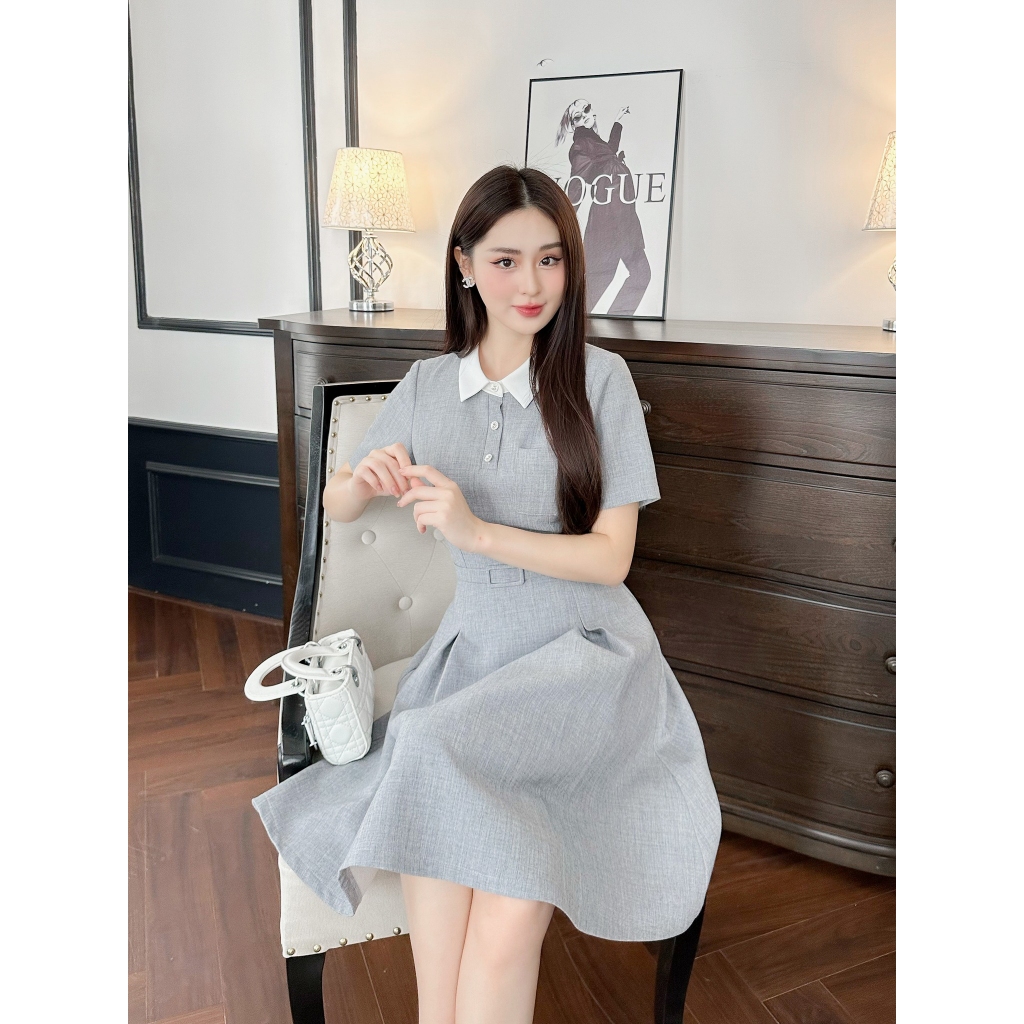 Váy cổ polo dáng chữ A xếp ly hộp đai eo màu ghi V46