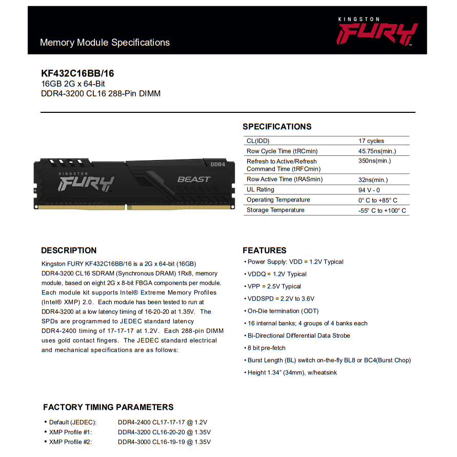 Ram PC 16GB 3200MHz DDR4 Kingston Fury Beast Chính Hãng - Bảo hành 3 năm 1 đổi 1