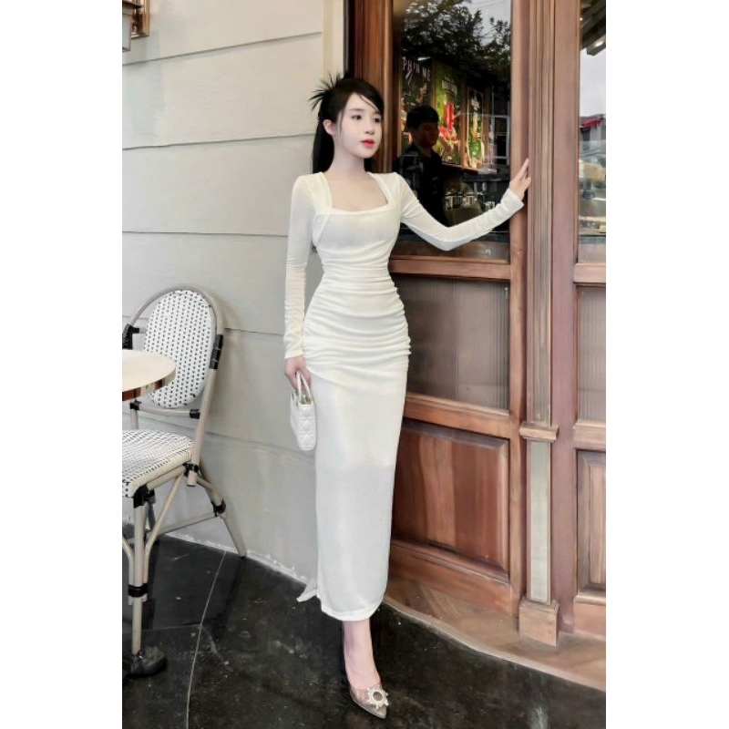 Đầm Thun Lụa Dẻo Tay Dài Cổ Vuông - Dài Midi Nhún Hai Bên Eo Ôm Body Sexy - Basic Đơn Giản Tiểu Thư Bánh Bèo Sang Chảnh