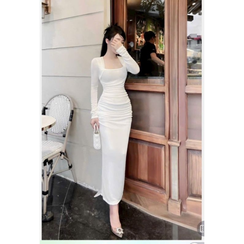 Đầm Thun Lụa Dẻo Tay Dài Cổ Vuông - Dài Midi Nhún Hai Bên Eo Ôm Body Sexy - Basic Đơn Giản Tiểu Thư Bánh Bèo Sang Chảnh