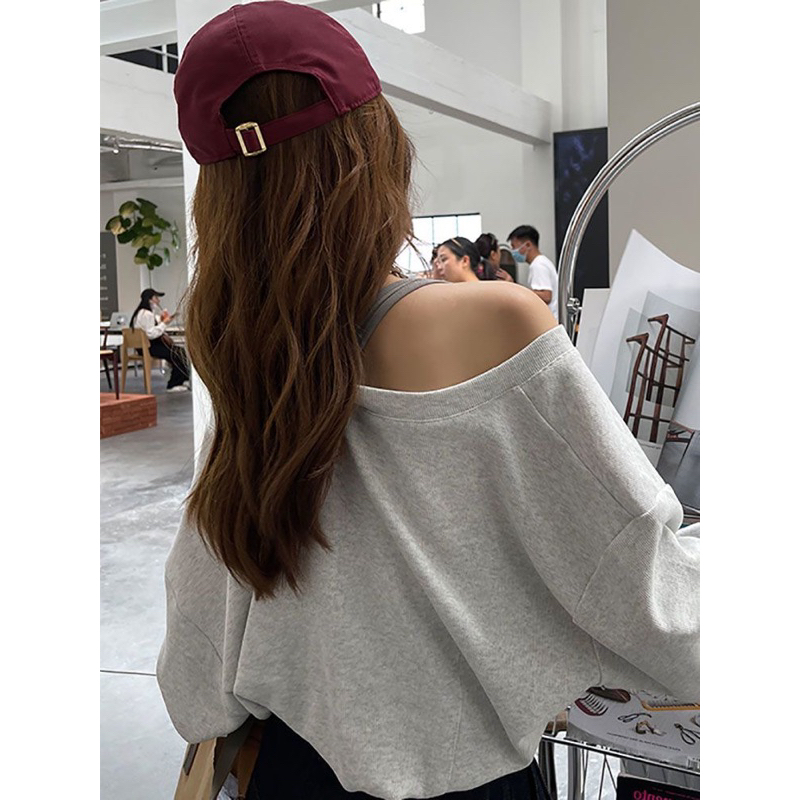 Áo thun trễ vai cổ tim dài tay 2 màu tiểu thư