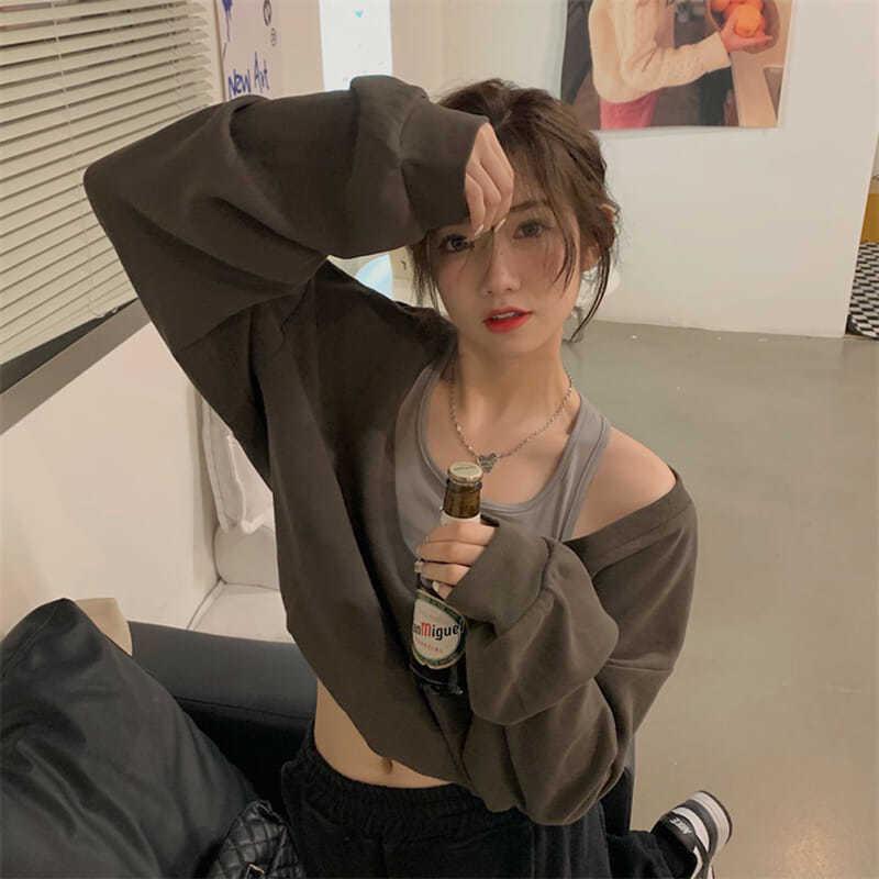 Áo thun trễ vai cổ tim dài tay 2 màu tiểu thư