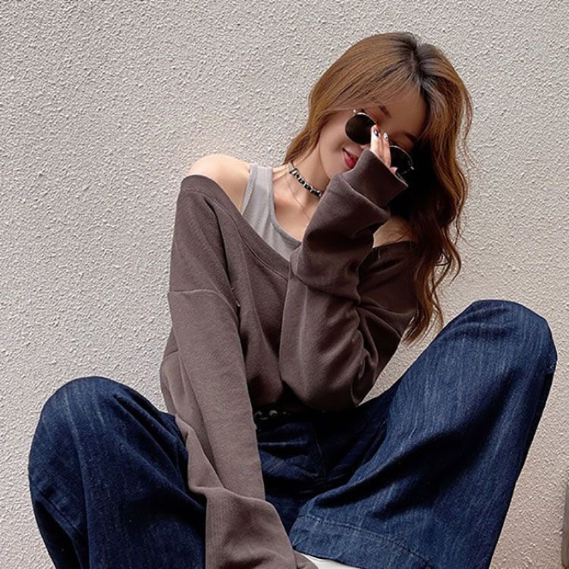 Áo thun trễ vai cổ tim dài tay 2 màu tiểu thư