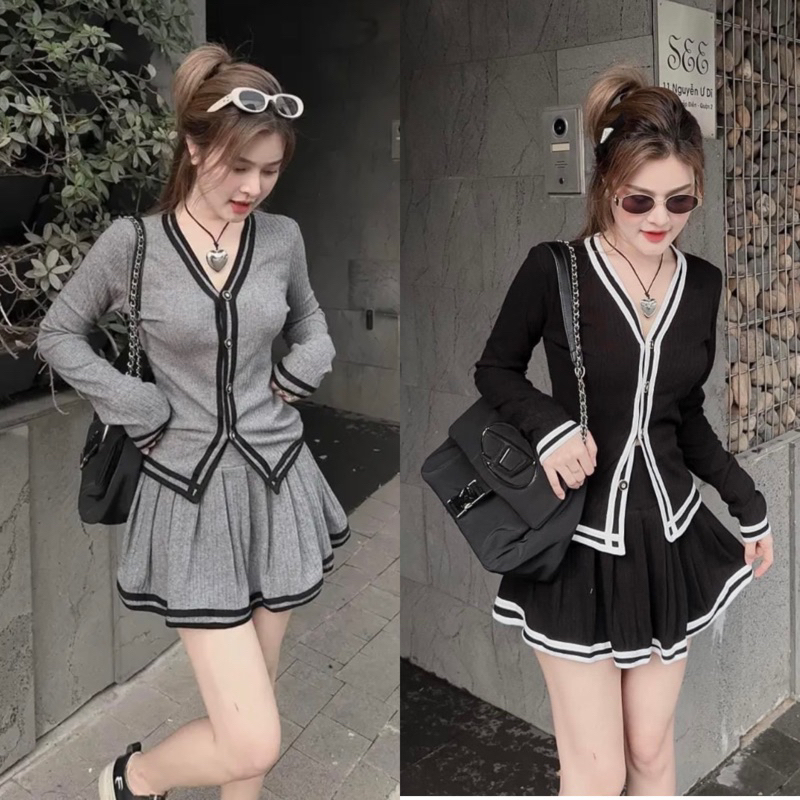 Set Áo Dài Tay Len Phối Viền 2 Sọc Mix Chân Váy Xếp Có lót